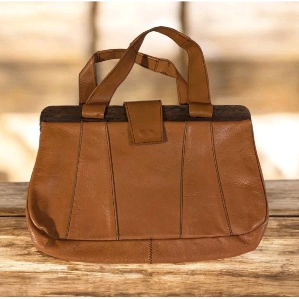 Vtg Brown Leather Purse Made In Columbia Shoulder Bag Wooden Handcrafted 70s TLC